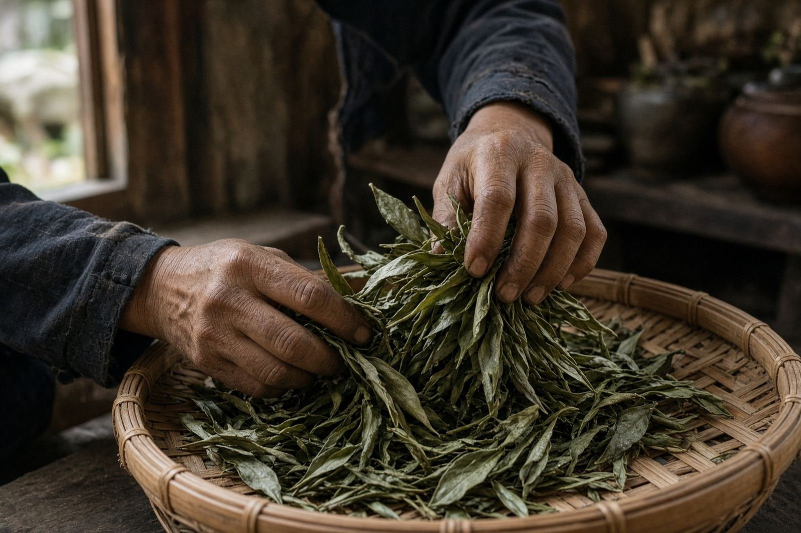 tea-maker’s hands over a bamboo tray.