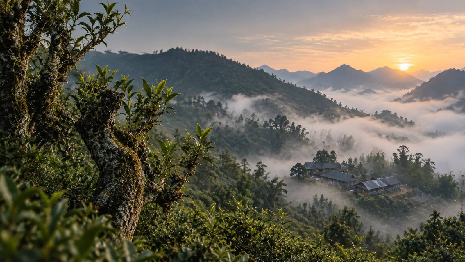 晨光中的山茶树,云雾覆满山谷与木屋。