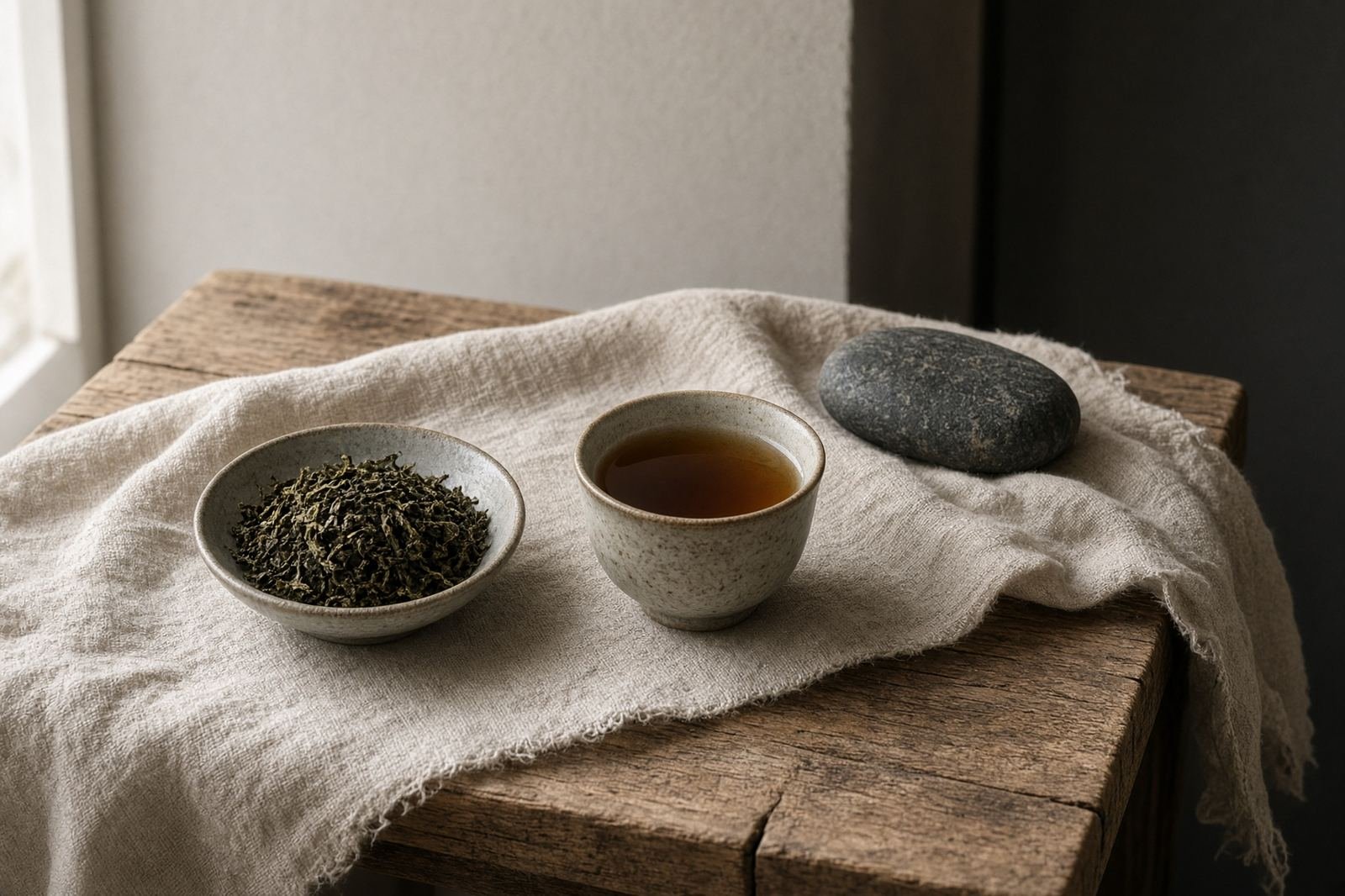 Illustration: a simple wooden tea table.