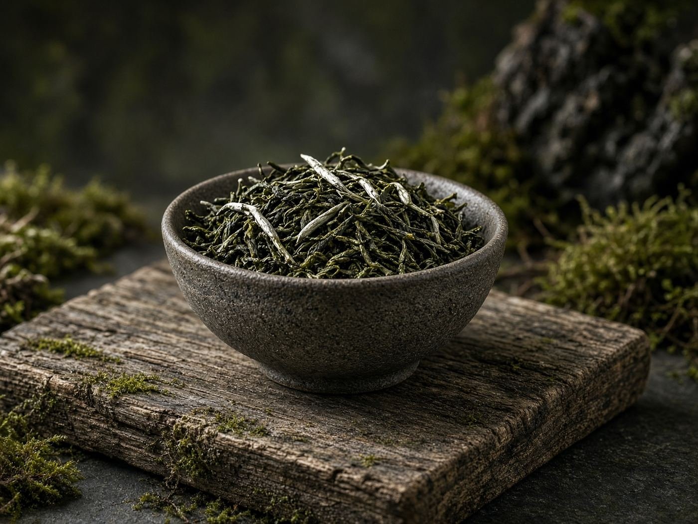 示意图：橄榄色卷曲的山雪绿茶。