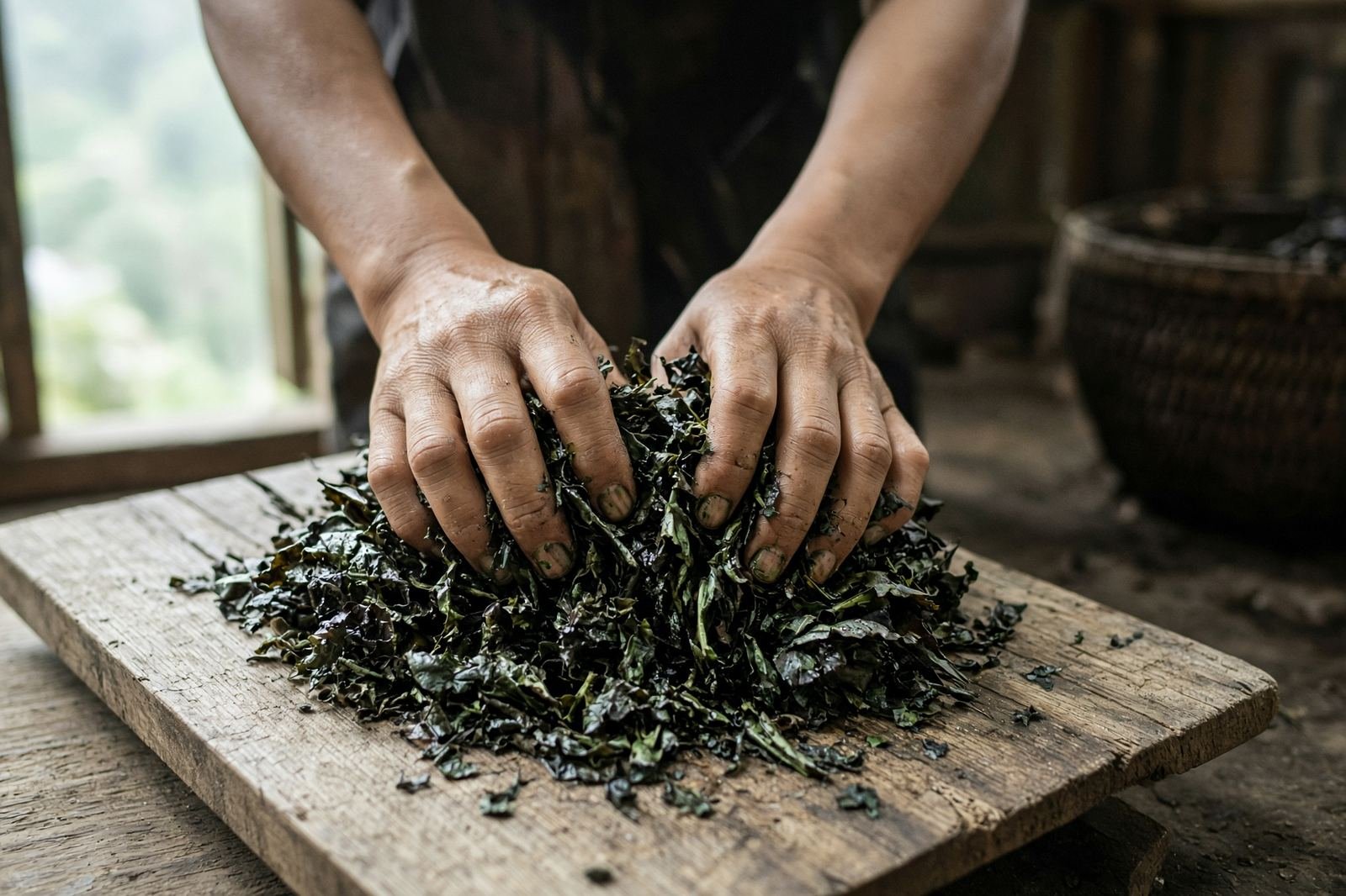 rolling tea by hand.