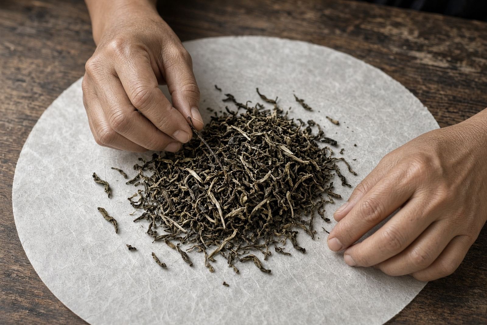 hand-sorting dry tea.