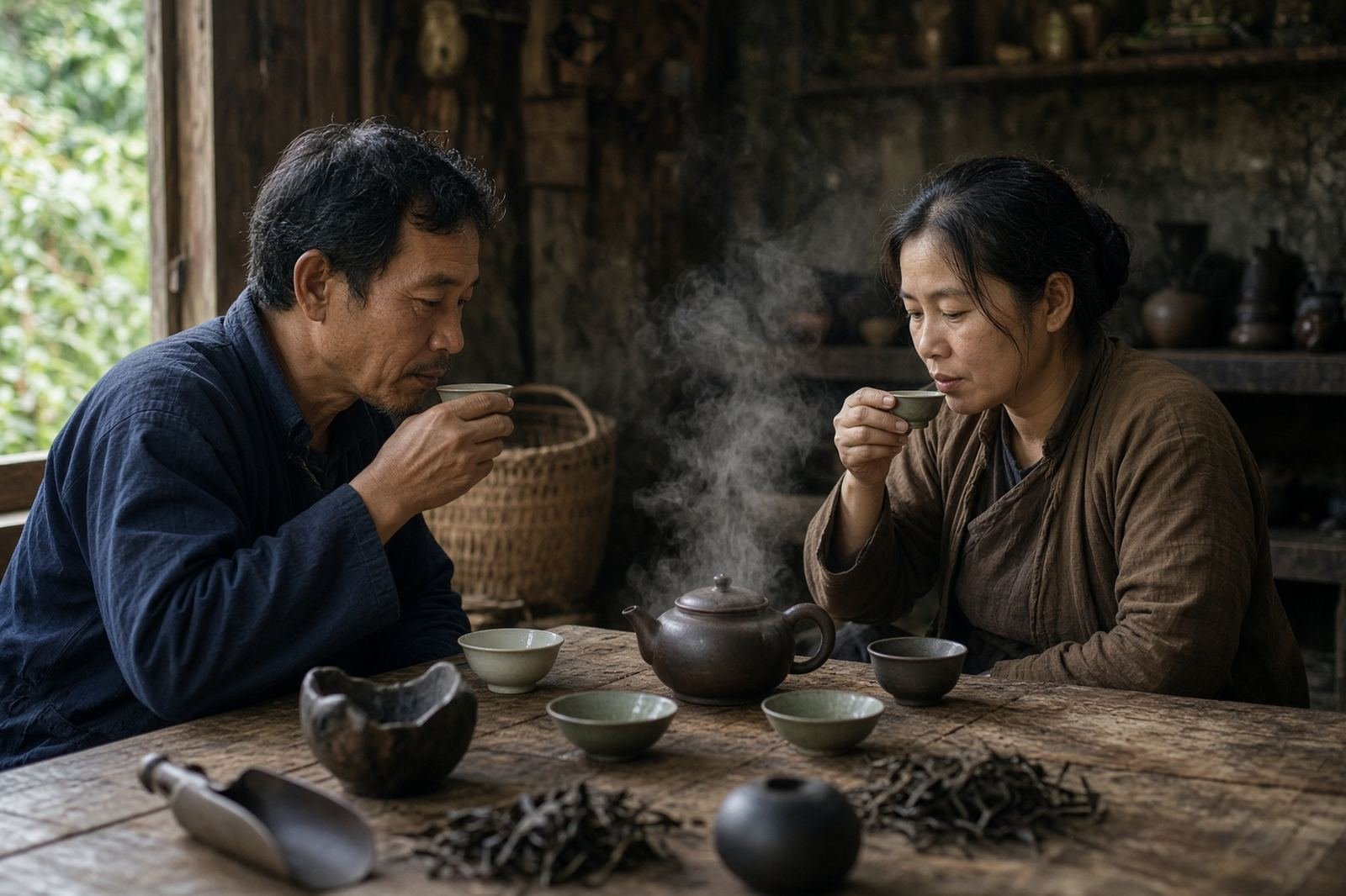 tasting tea in the workshop.