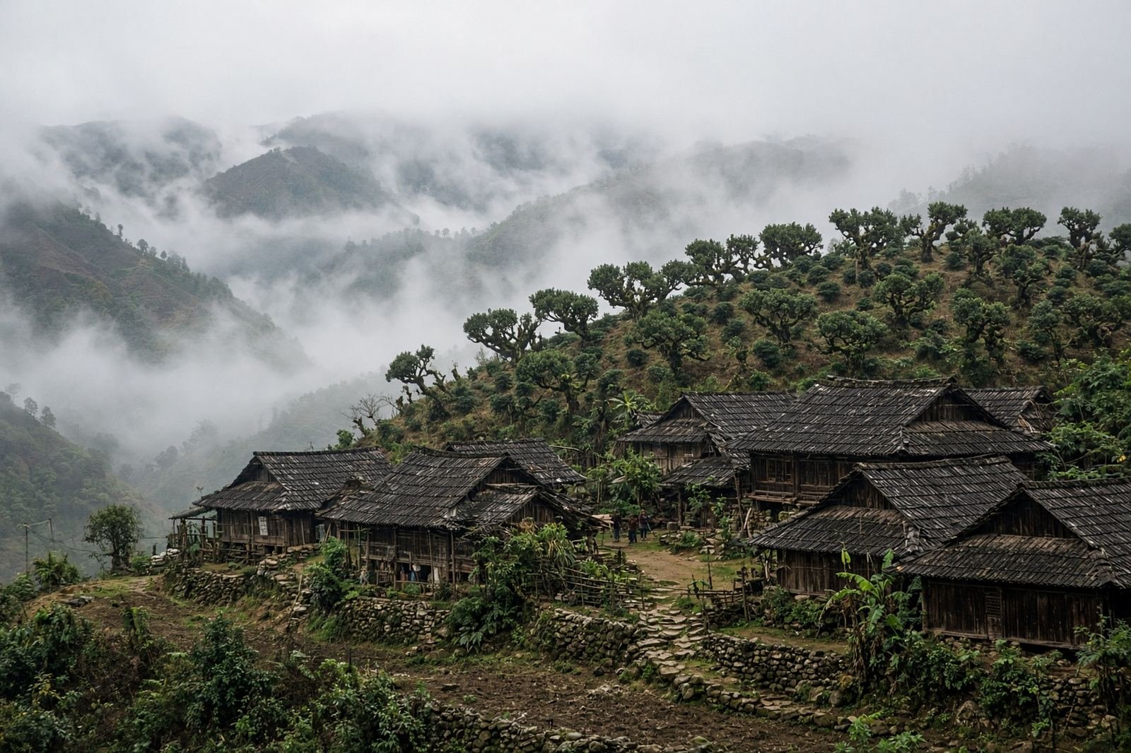 示意图:山村与古茶园。